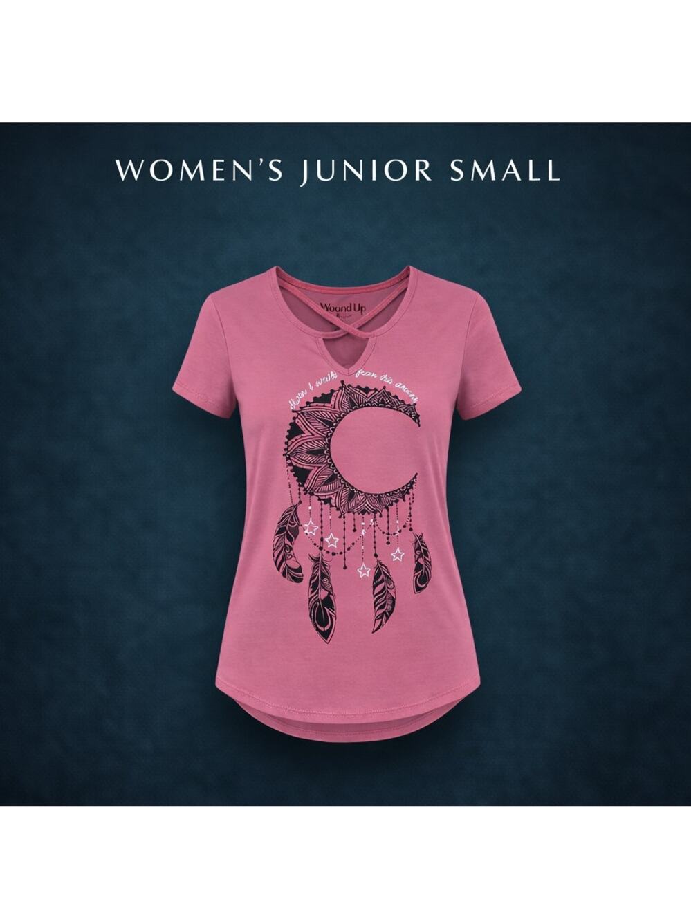 Wound Up Womens Junior Small Pink Dreamcatcher Keyhole Shirt Glitter Graphic Tee